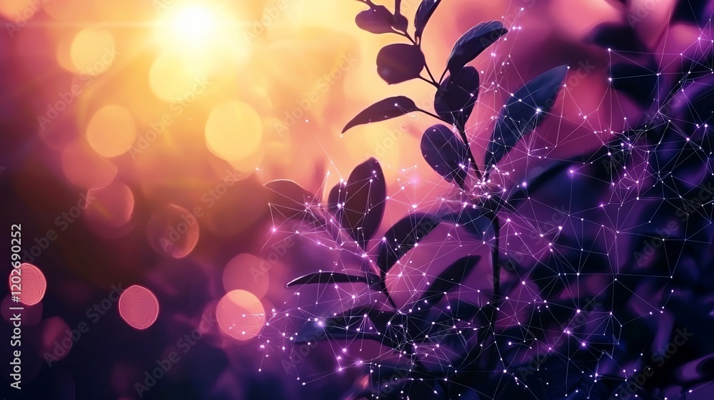 Poster Sunset bokeh background with plant and network.