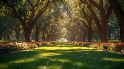 Obraz premium A serene pathway lined with trees and flowers, inviting tranquility and natural beauty.