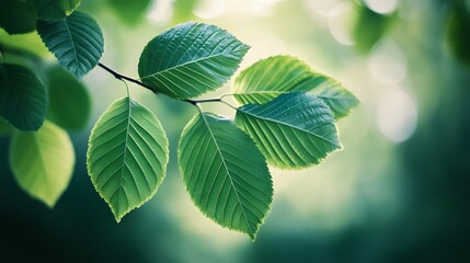 Vibrant Green Leaves on a Branch in Sunlight