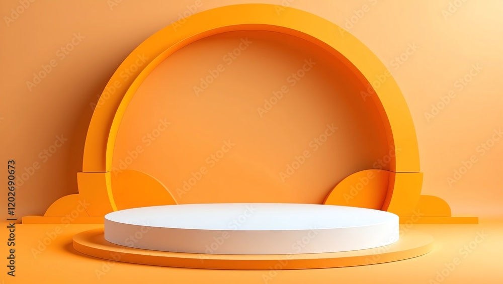 Poster abstract pedestal of platform display with modern stand podium on yellow room background. blank exhi