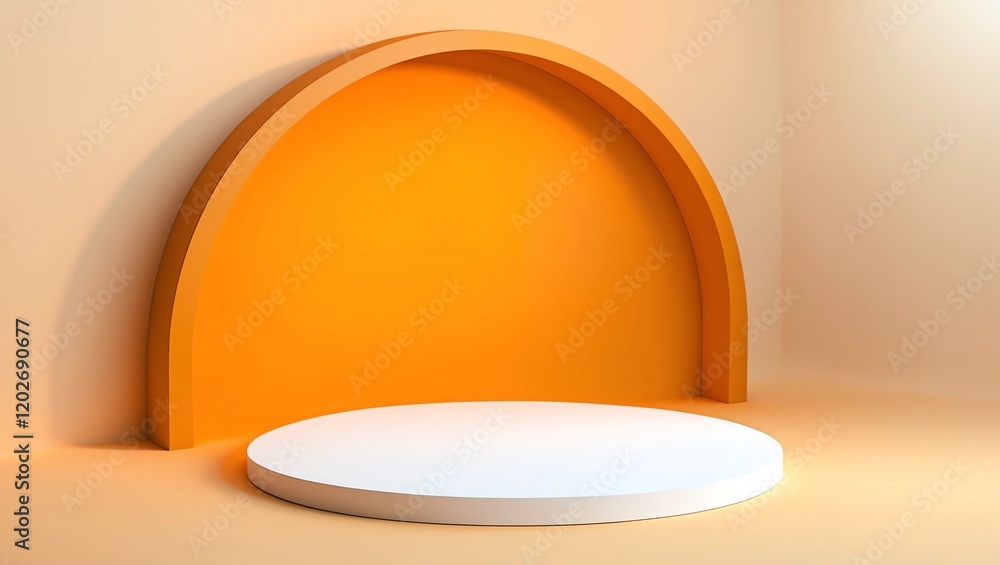 Poster abstract pedestal of platform display with modern stand podium on yellow room background. blank exhi