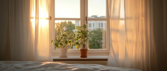 Fototapeta premium Soft morning light filters through sheer curtains, casting a warm glow on potted plants by a window, evoking a sense of tranquility and renewal.