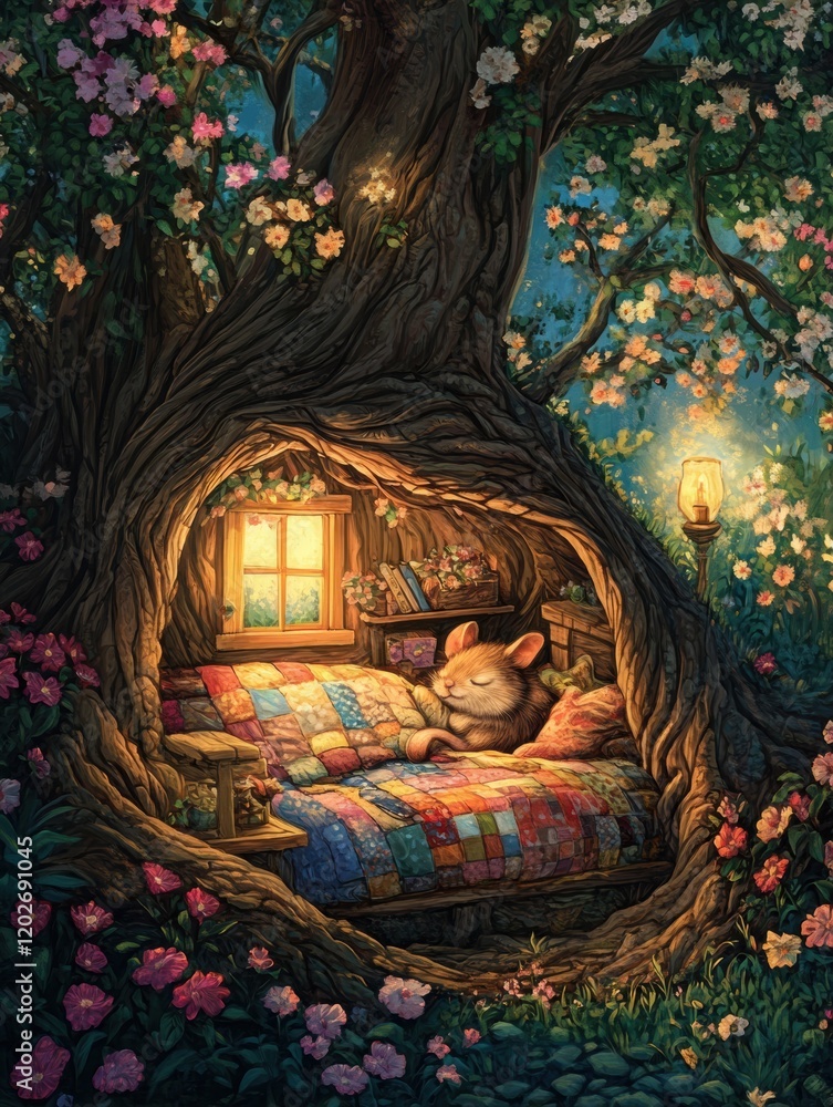 Poster charming mouse resting in cozy bed inside a tree hollow surrounded by flowers at night. generative a