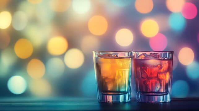 Two shot glasses with ice and colorful alcoholic drinks on a bar, bokeh background.