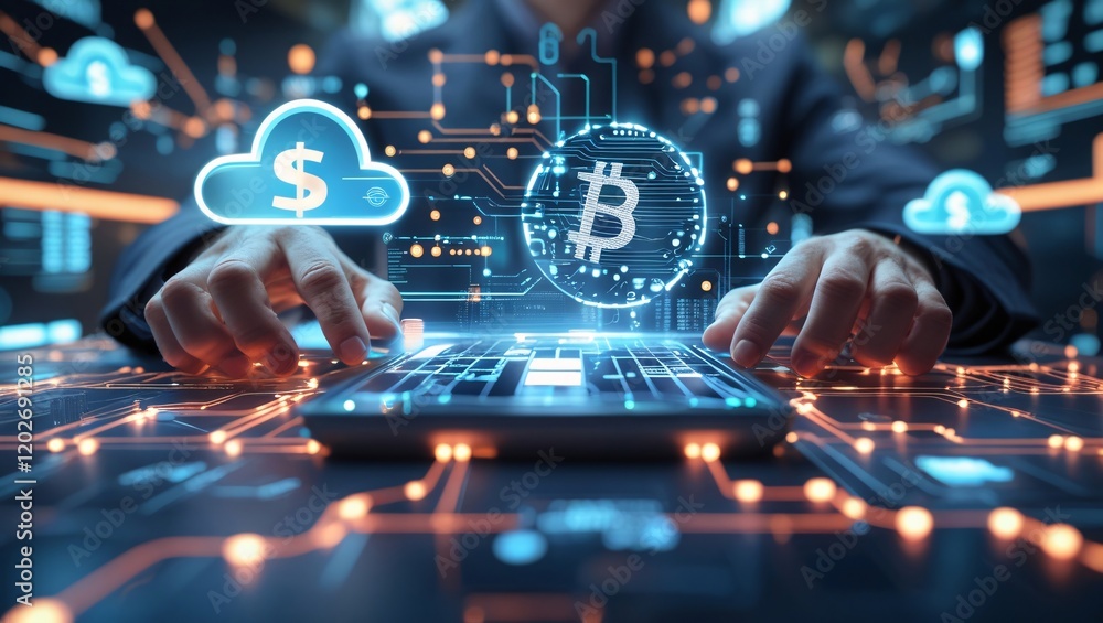 Poster cryptocurrency trader: a person's hands hover over a digital tablet, interacting with a futuristic i