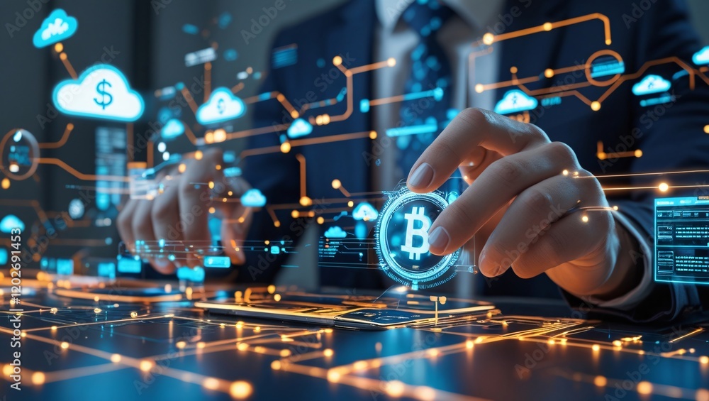 Poster bitcoin investment strategy: a businessman's hands hover over a digital tablet, interacting with a h