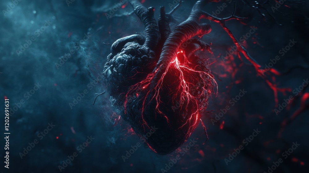 Aufkleber Heart illuminated by vivid light amidst dark mystical background during surreal artistic expression. Generative AI