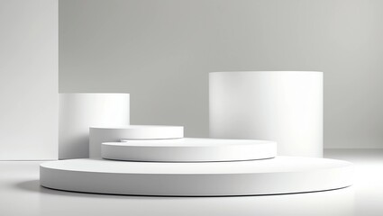 Empty podium or pedestal display on white background with cylinder stand concept. Blank product shelf standing backdrop. 3D rendering  