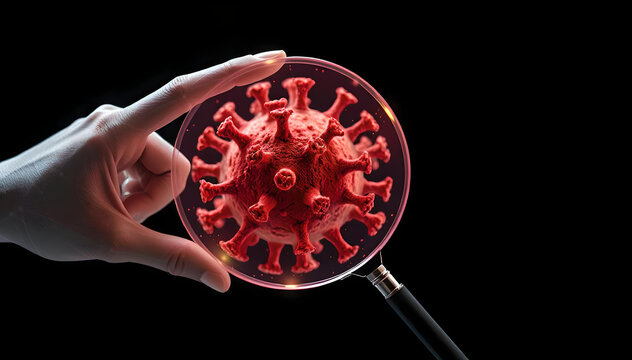 Futuristic depiction of virus research: a wireframe hand holding a magnifying glass, magnifying an intricate 3D coronavirus model surrounded by glowing data streams and particles