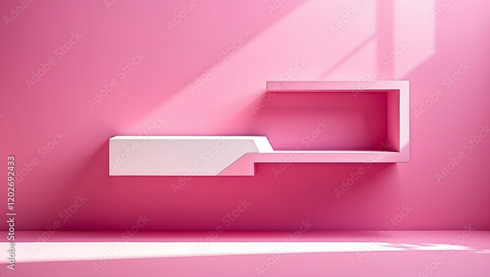 Poster front view of empty shelf on pink wall background with modern minimal concept. display of backdrop s