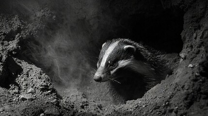 Obraz premium Black-and-white image of a badger emerging from a burrow with smoke emanating