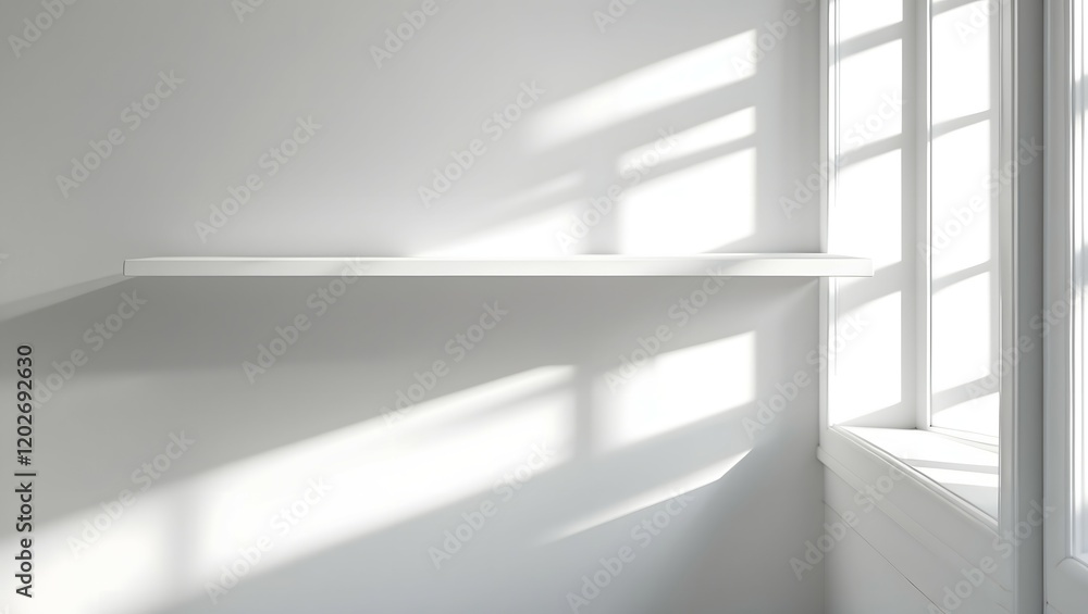 Poster front view of empty shelf on white table showcase and wall background with natural window light. dis