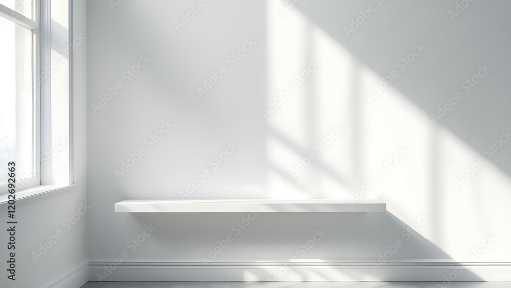 Poster front view of empty shelf on white table showcase and wall background with natural window light. dis