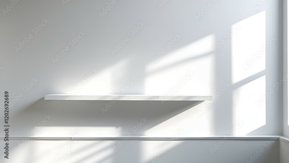 Poster front view of empty shelf on white table showcase and wall background with natural window light. dis