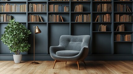 A cozy reading nook featuring a gray chair, bookshelves, a plant, and a floor lamp.