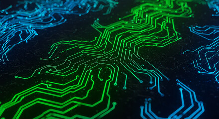 Abstract Glowing Circuit Board Technology Background Green and Blue Digital Network