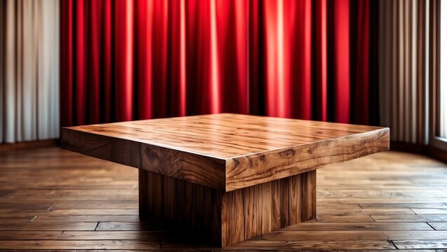wood diagonal table with red red curtain wall blur background.Mock up banner for display of product
