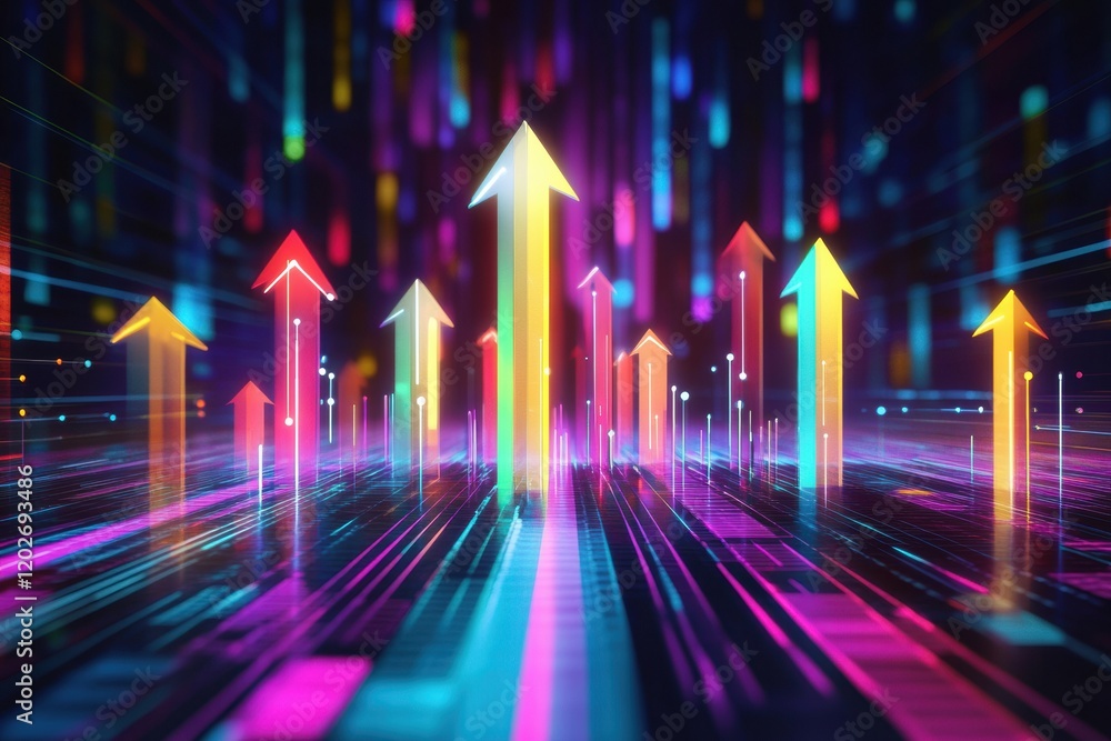 Aufkleber vibrant arrows in a digital landscape showcasing upward movement and growth in a neon lit environmen