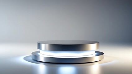 A minimal cylindrical platform with a polished metallic surface, softly glowing edges, and a smooth gradient backdrop shifting from dark blue-gray at the top to soft 