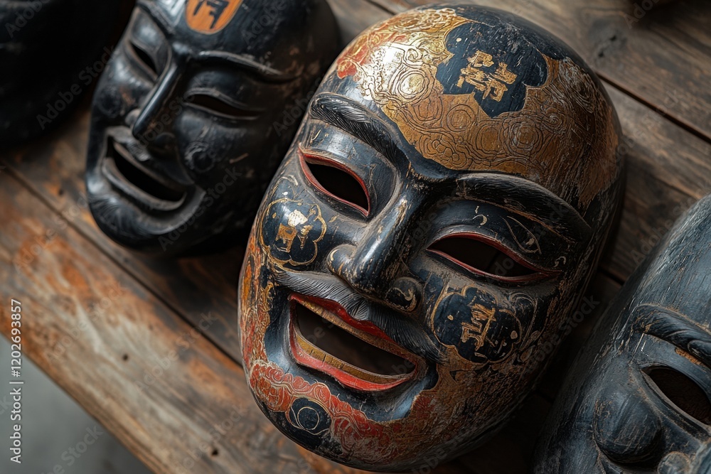 Poster traditional handcrafted masks displayed on a wooden wall in an artisan workshop. generative ai