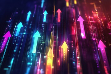 Vibrant digital arrows moving upward in a dynamic abstract setting during a futuristic display of technology. Generative AI