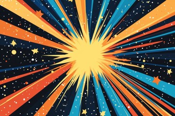 Vibrant radial burst background, orange, blue, and yellow rays. Perfect for comic book, energy, or space themed designs.