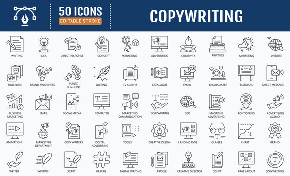 Copywriting line editable icon set. Containing advertising, marketing, creative, concept, idea icon. Vector Illustration