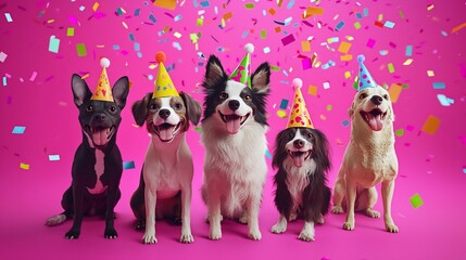 Five happy dogs in party hats with confetti. (1)