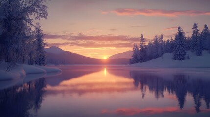Naklejka premium Serene Winter Sunset Over Snow Covered Lake And Mountains