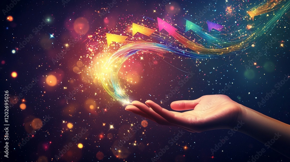 Poster colorful arrows forming a glowing wave rising from an open hand.