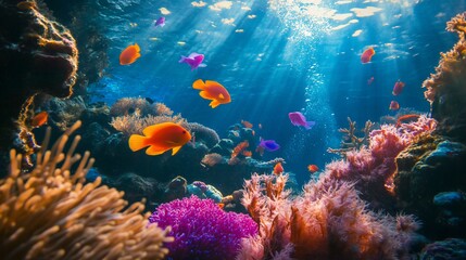 Vibrant coral reef with colorful fish and sunlight.