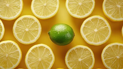 Fototapeta premium Lemons & limes, half-cut on yellow background