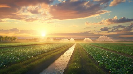 Fototapeta premium Sunset over irrigated farmland. (1)