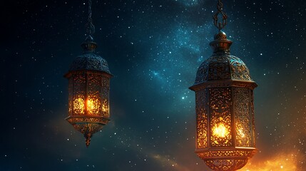 Two ornate lanterns glow against a night sky. (1)