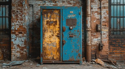 Rusty blue cabinet, abandoned factory, decay, industrial