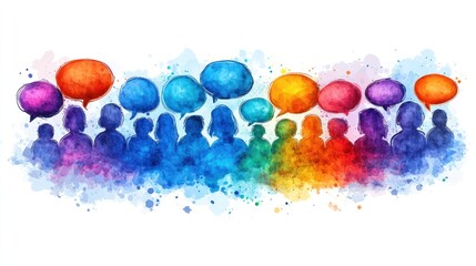 Colorful silhouettes of people with speech bubbles.