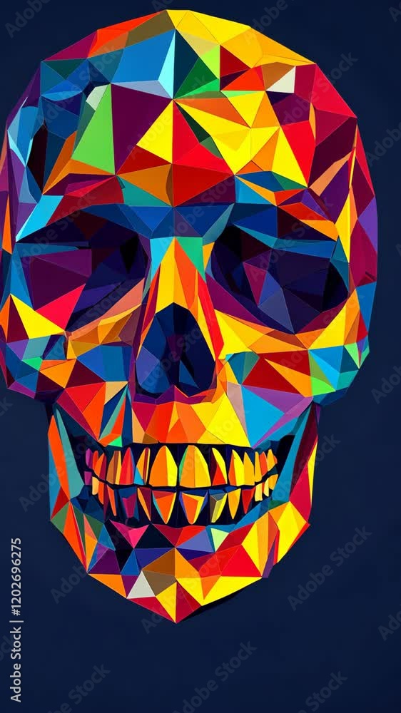 Poster abstract colorful skull design showcasing vibrant geometric patterns and shapes against a dark backg