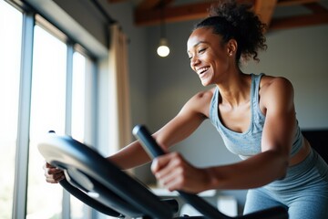 Energetic Woman Exercising on Indoor Elliptical Machine in Stylish Home Gym: Fitness, Health, Wellness, Lifestyle Enhancement