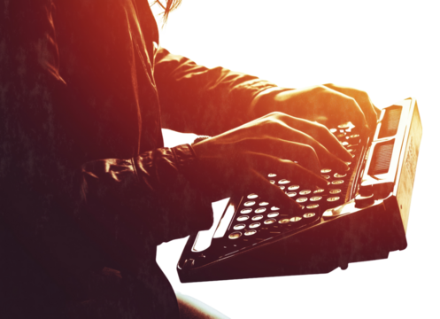 Graphic Halftone Collage of Typing Figure Isolated on Transparent Background