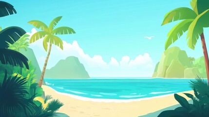 Fototapeta na wymiar Tropical Beach Scene With Palm Trees And Ocean