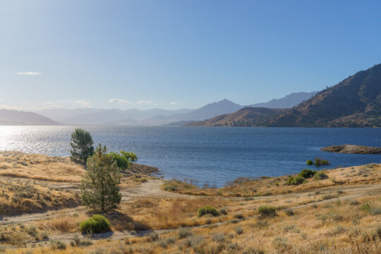 Isabella Lake Reservoir with morning sunlight on water in California
