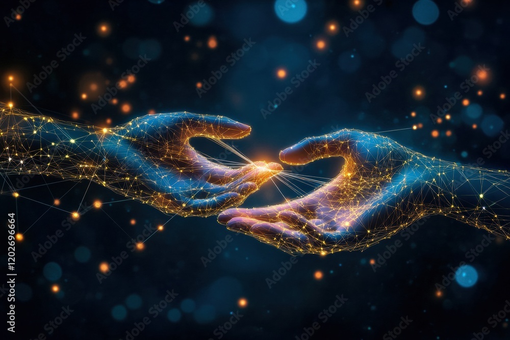 Aufkleber Connecting hands create a network of light and energy in a digital interface. Generative AI