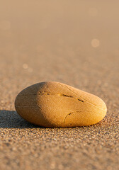 Smooth Golden Beach Stone on Sand Coastal Serenity Textured Pebble