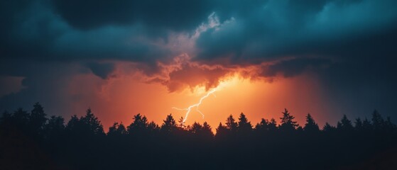 Fototapeta premium A dramatic bolt of lightning splits the sky above dark silhouetted forest trees, framed by ominous storm clouds glowing with the fiery hues of sunset.