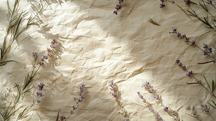   A bountiful bouquet of lavender blossoms adorning a sheet of parchment, set against the backdrop of the paper's silhouette on the wall
