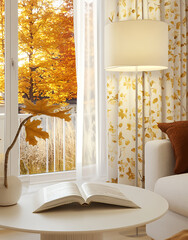 White picture frame on a round table in a Scandinavian interior, window with curtains and an autumn outdoor view, an open book, a modern lamp, a minimalist style, wooden furniture, soft lighting, 