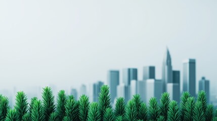 A serene green foreground of trees contrasts with a blurred city skyline in the background, blending nature with urban life.