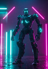 Fototapeta premium Futuristic Robot Standing in Neon Light Cyberpunk Scene Sci Fi Mech Android
