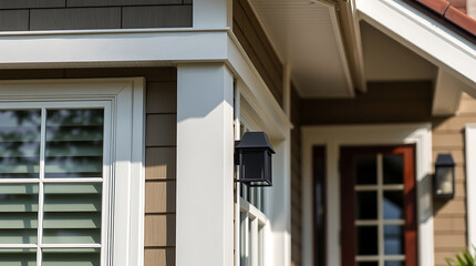 Fototapeta premium Elegant Home Exterior: Modern Architecture and Classic Design. Discover the beauty of this house's design, from its siding to its windows and trim details.