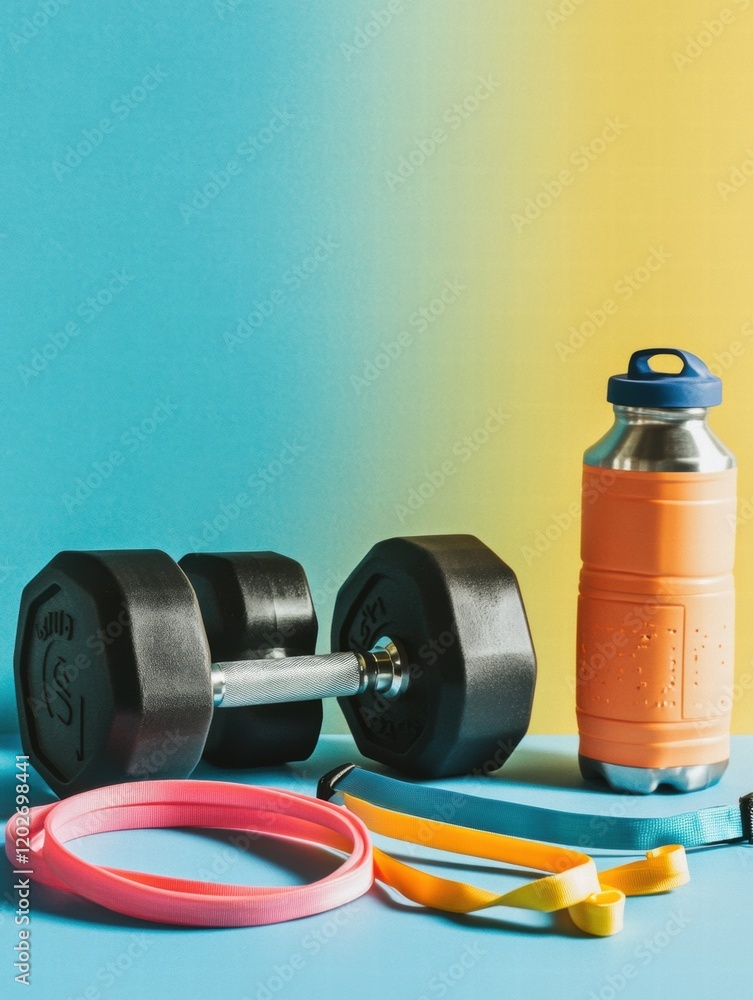 Poster colorful workout setup with dumbbell water bottle and resistance bands on a gradient background. gen